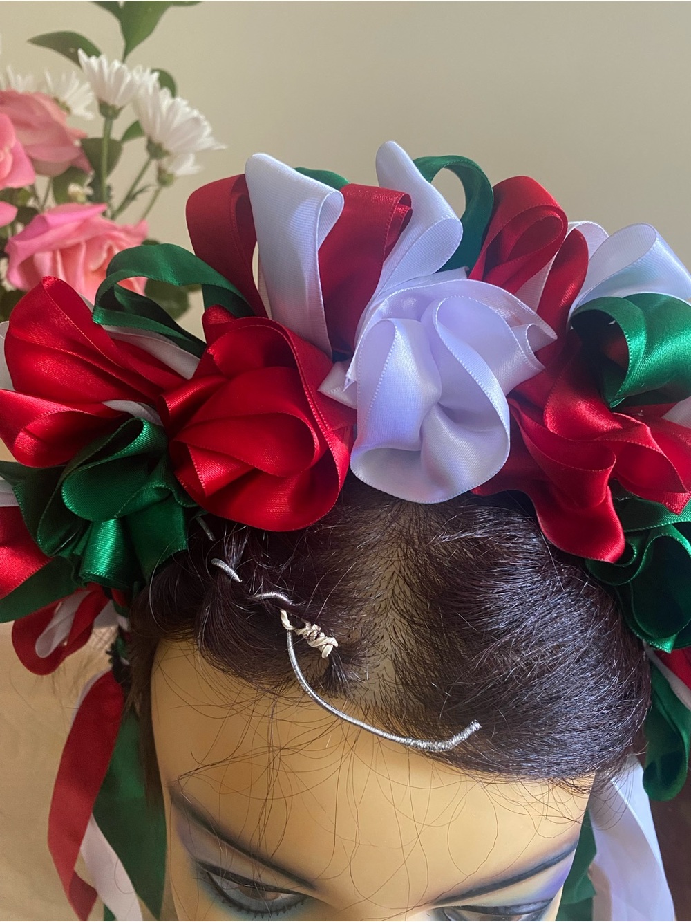 Mexican Handmade Ribbon Floral Headband in Red, Green & White - Picture 6 of 6